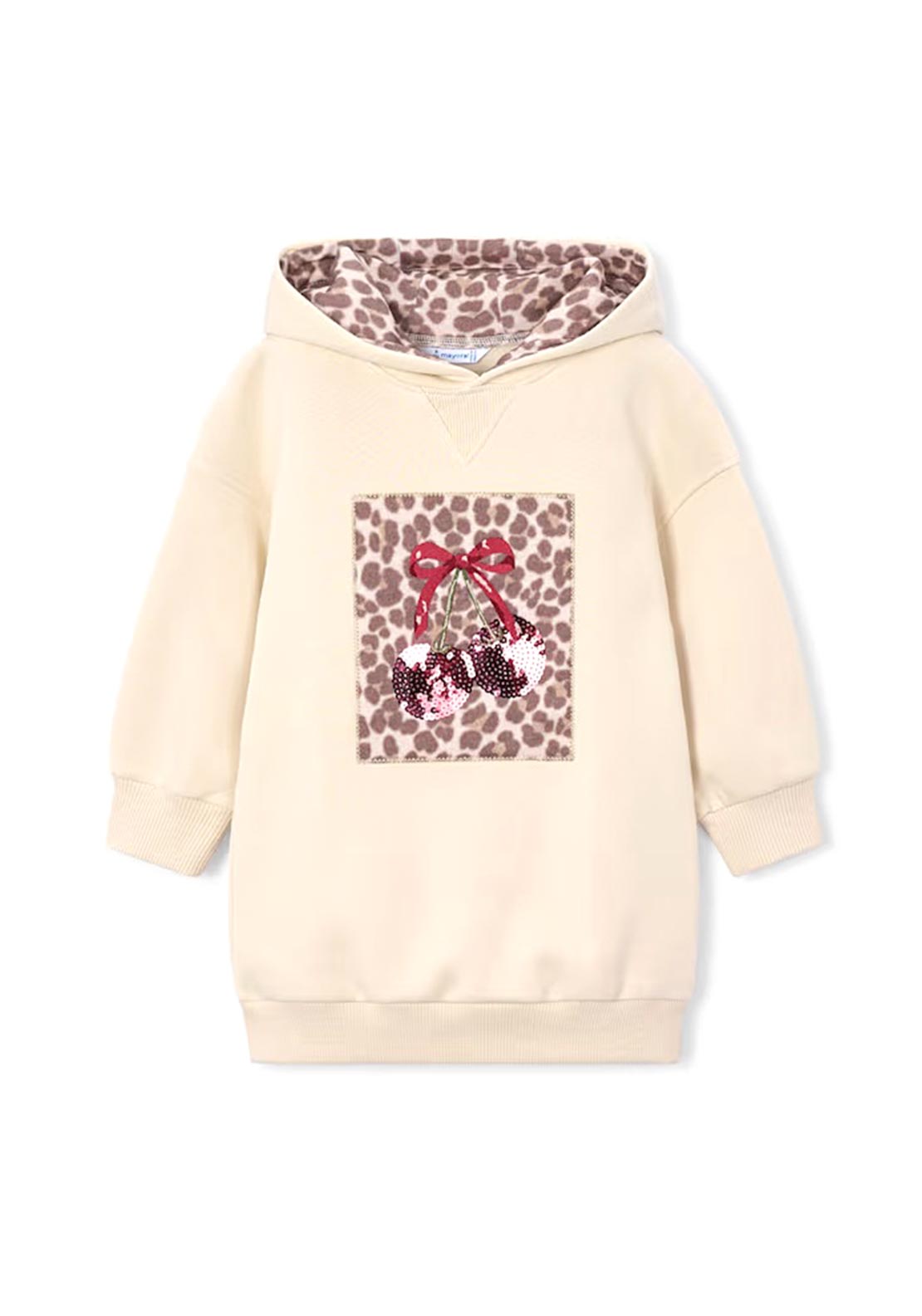 Mayoral Mini Girl Cherry Long Sleeve Hooded Sweater Dress, Beige
