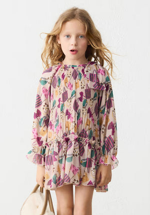 Mayoral Mini Girl Print Long Sleeve Pleated Dress, Pink Multi