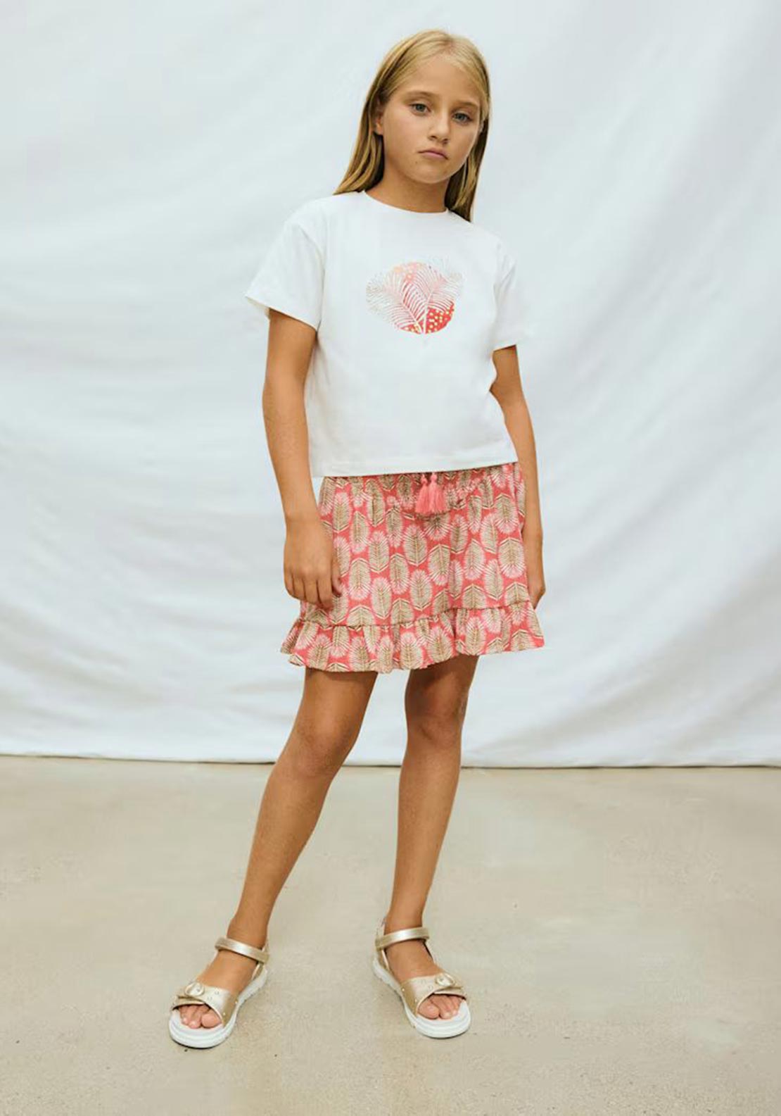 Mayoral Older Girl Feather Short Sleeve Tee, Cream