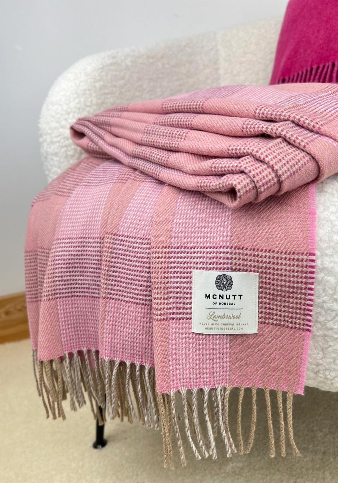 McNutt of Donegal Saoirse Lambswool Check Throw, Pink