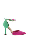 Menbur Embellished Ankle Strap Heeled Court Shoes, Fuchsia & Green
