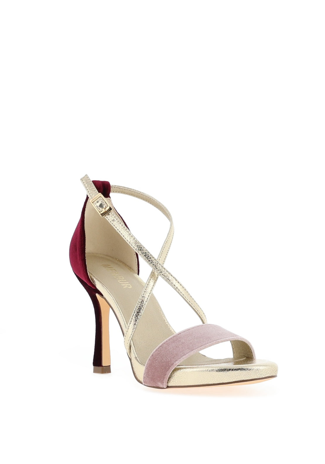 Menbur Criss Cross Strap Stiletto Sandal, Pink and Gold
