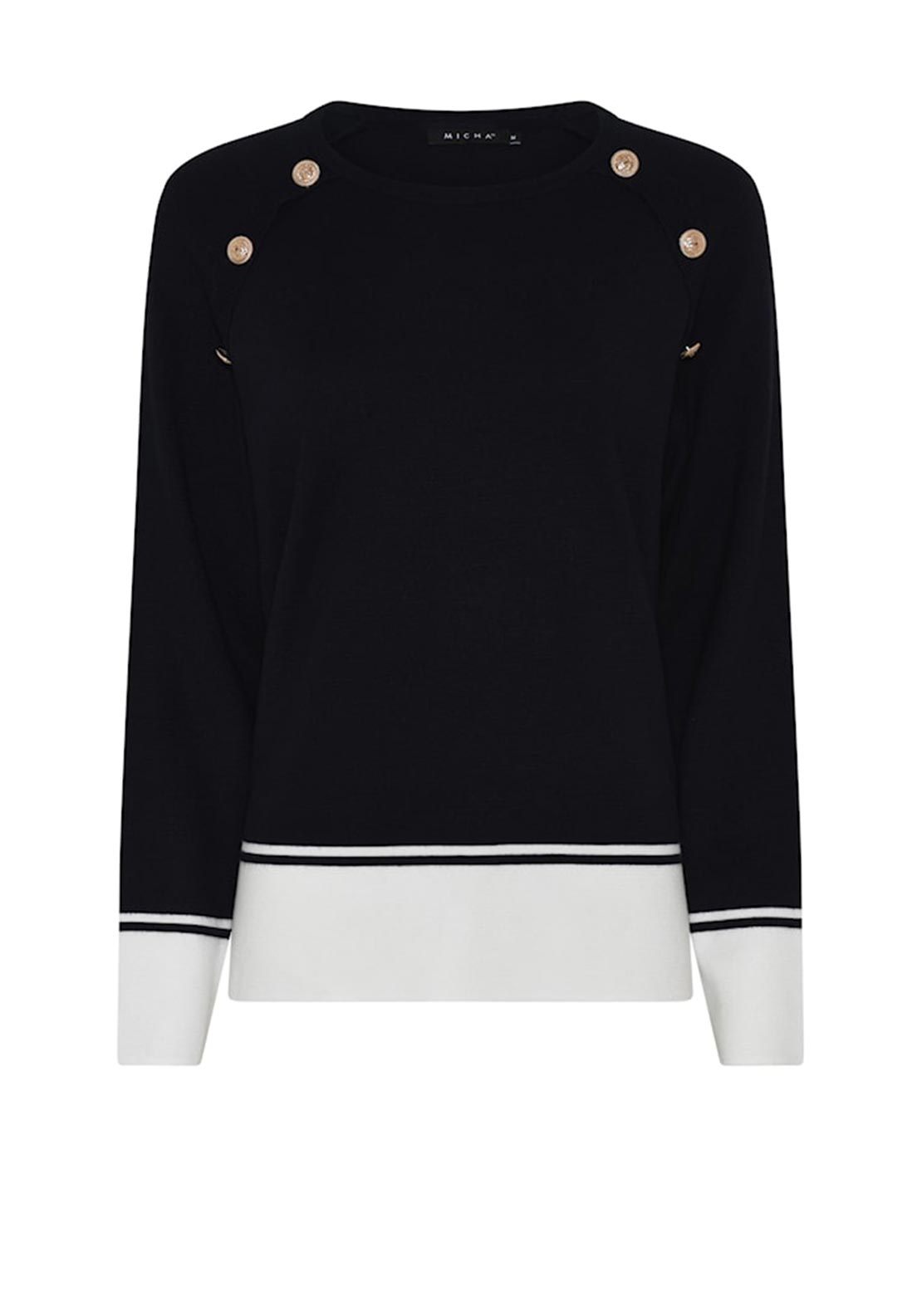 Micha Button Detail Colour Block Jumper, Navy