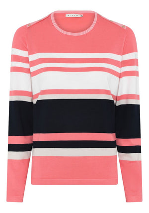 Micha Striped Button Shoulder Sweater, Coral