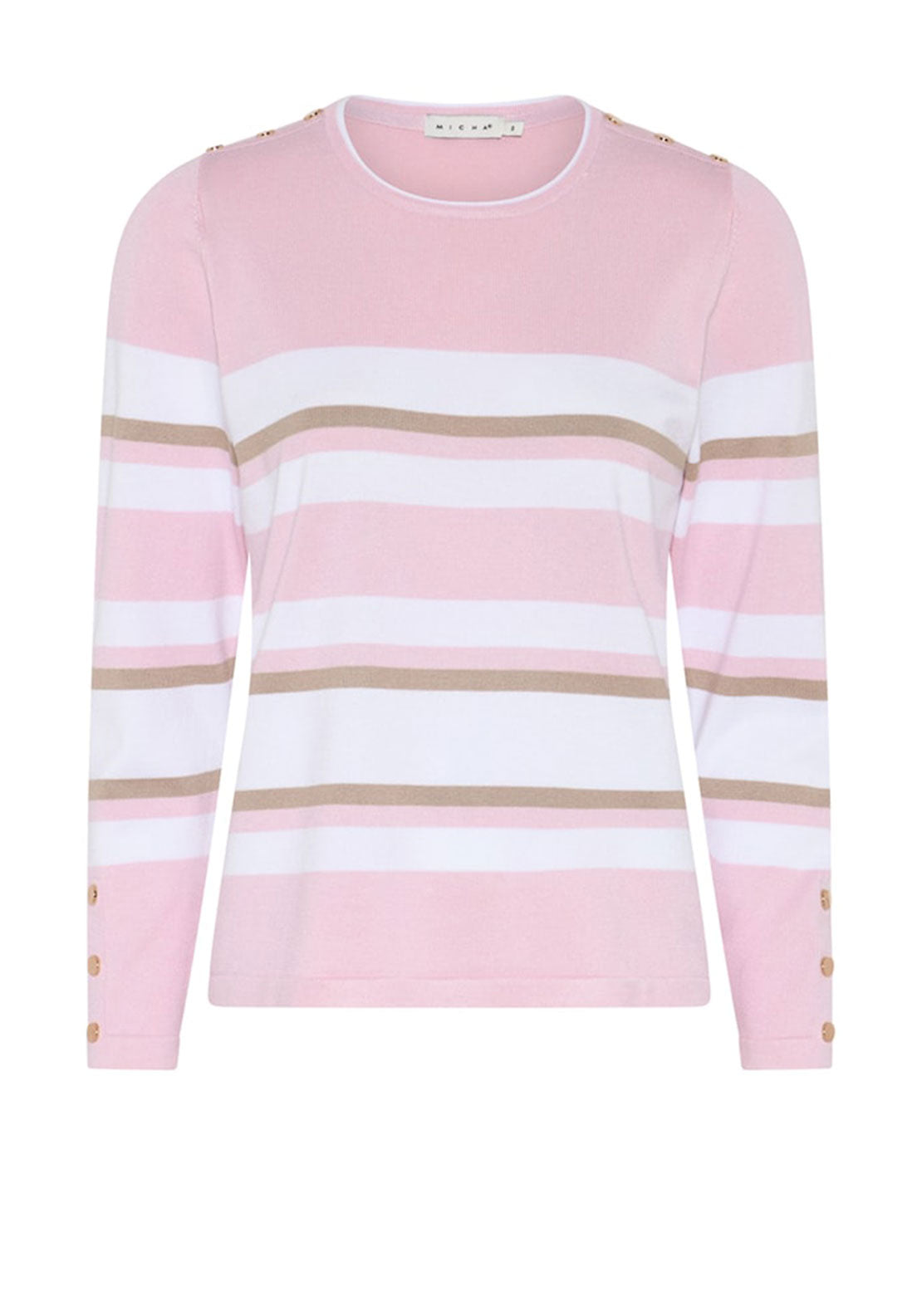 Micha Striped Button Shoulder Knit Sweater, Pink