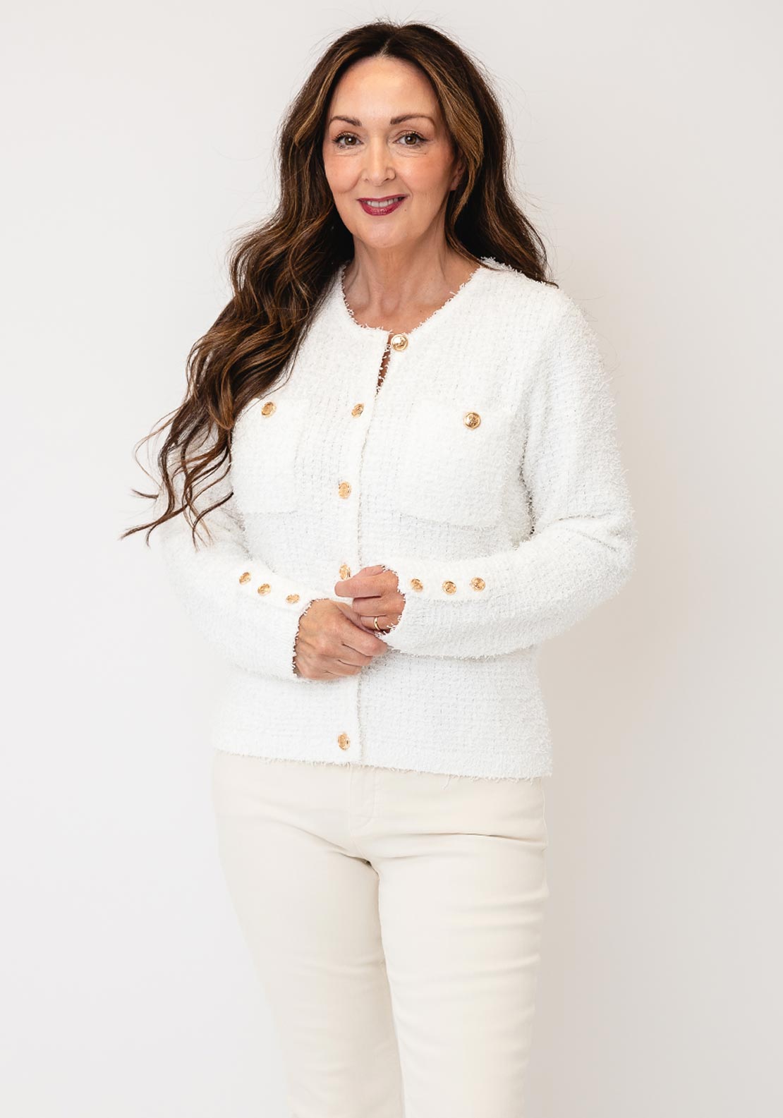 Micha Fringed Button Up Knit Cardigan, White
