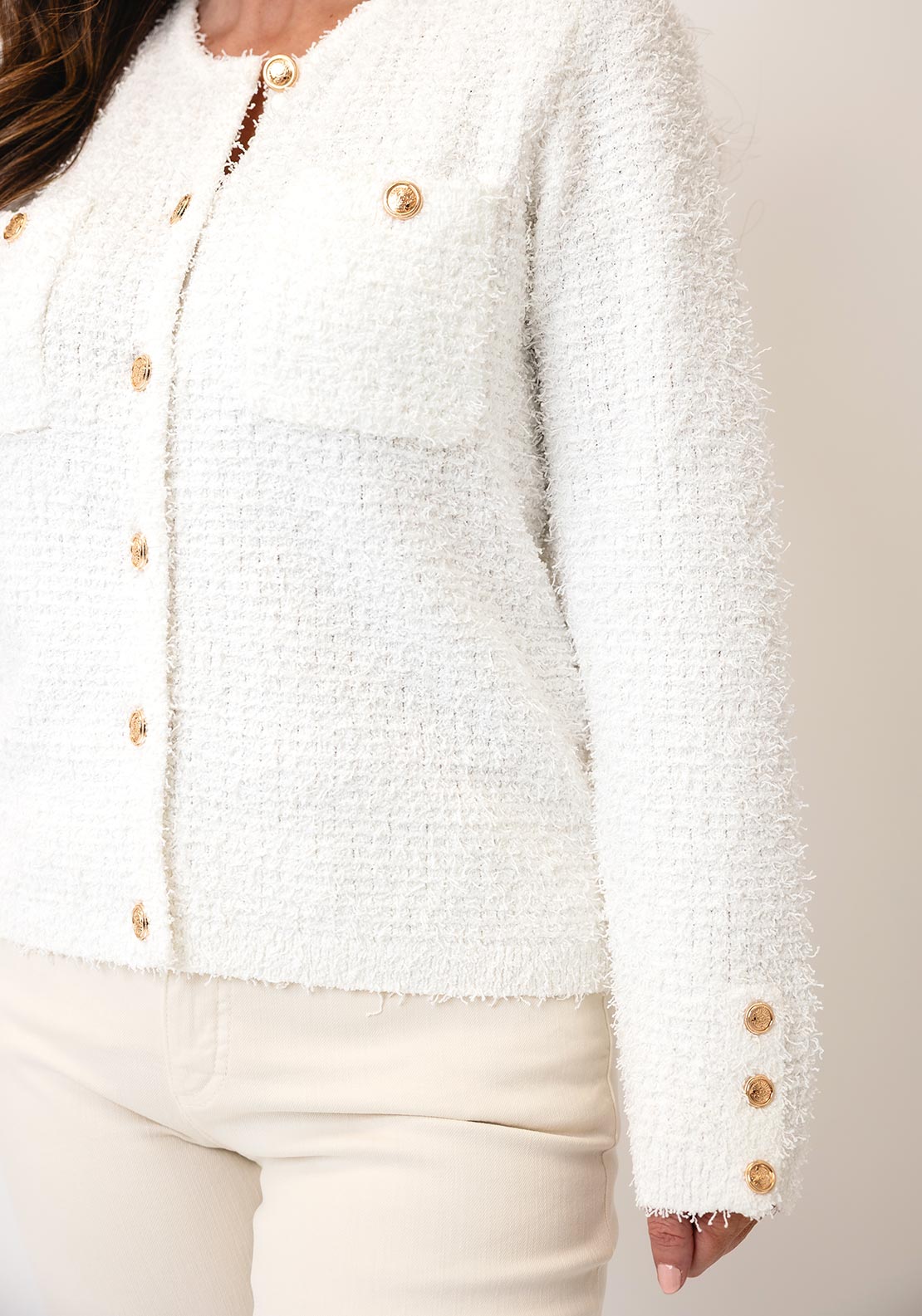 Micha Fringed Button Up Knit Cardigan, White