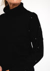 Micha Roll Neck Embellished Sleeve Knit Sweater, Black