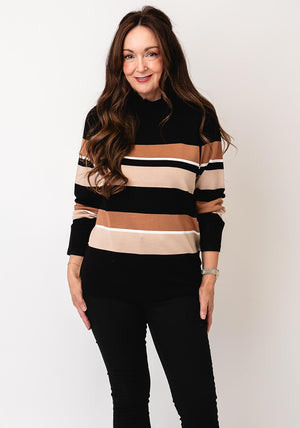 Micha Stripe Frill High Neck Jumper, Black & Beige