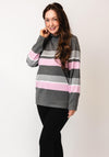 Micha Stripe Frill High Neck Jumper, Grey & Pink