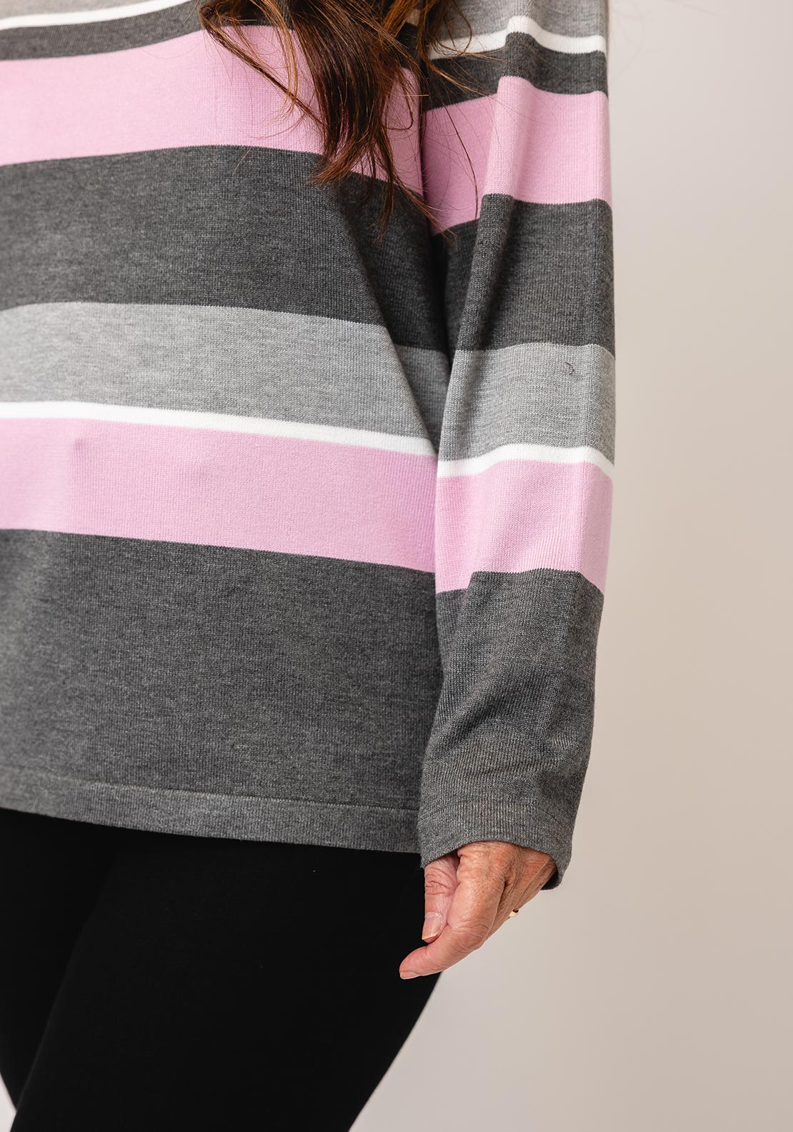 Micha Stripe Frill High Neck Jumper, Grey & Pink