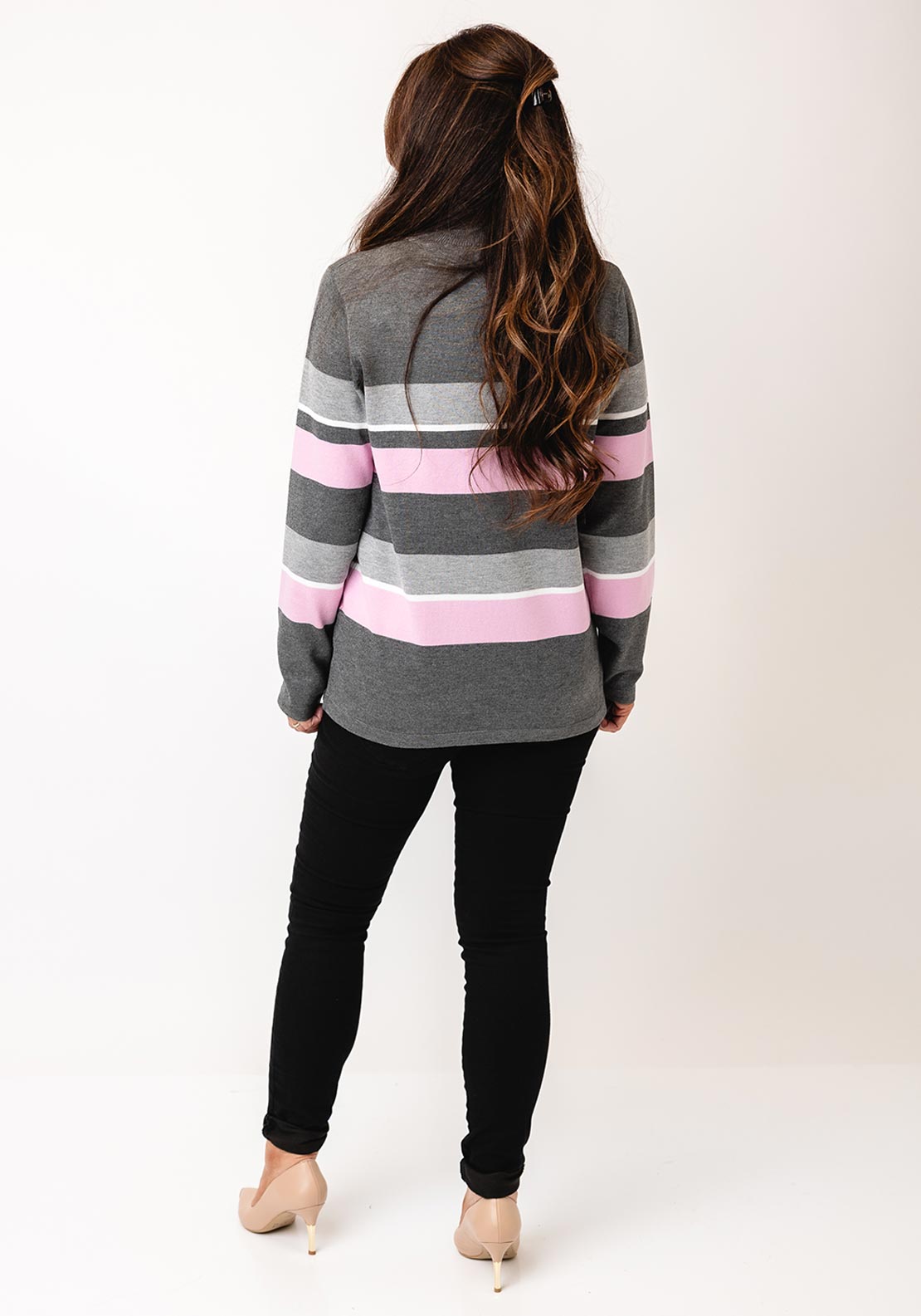 Micha Stripe Frill High Neck Jumper, Grey & Pink