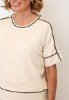 Micha Contrast Detail Round Neck T-Shirt, Beige