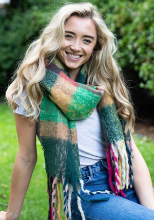 Miss Sparrow Vibrant Check Scarf, Green Multi