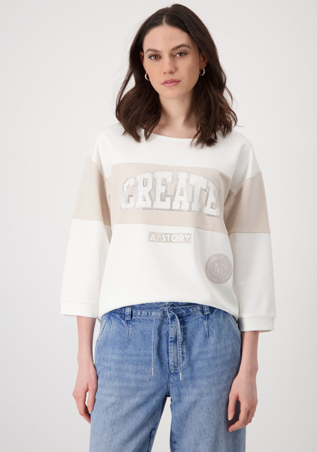Monari Embellished Colour Block Sweatshirt, White and Beige