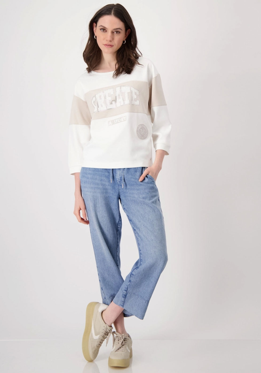 Monari Embellished Colour Block Sweatshirt, White and Beige