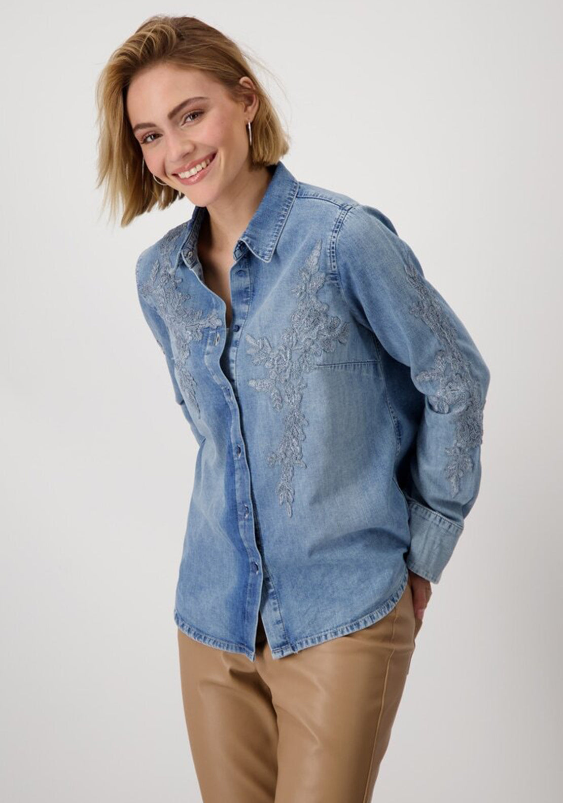 Monari Floral Embroidered Denim Shirt, Blue