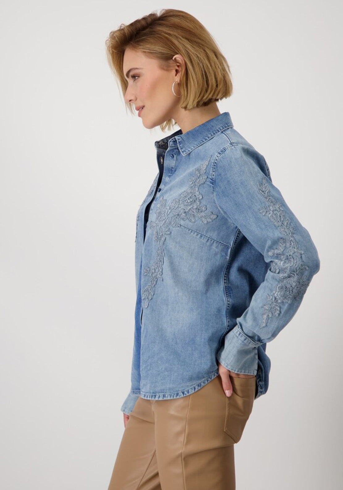 Monari Floral Embroidered Denim Shirt, Blue