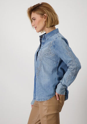 Monari Floral Embroidered Denim Shirt, Blue