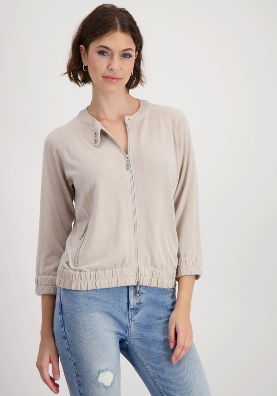 Monari Glitter Zipped Knit Cardigan, Beige