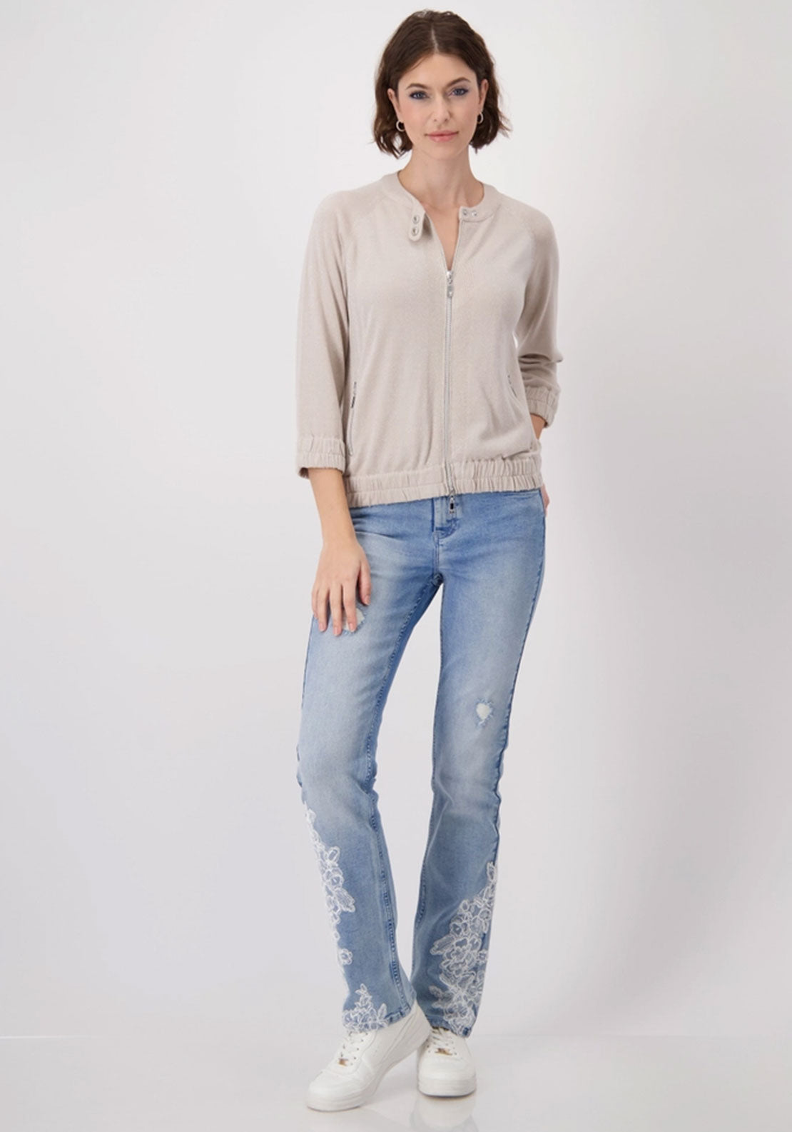 Monari Glitter Zipped Knit Cardigan, Beige