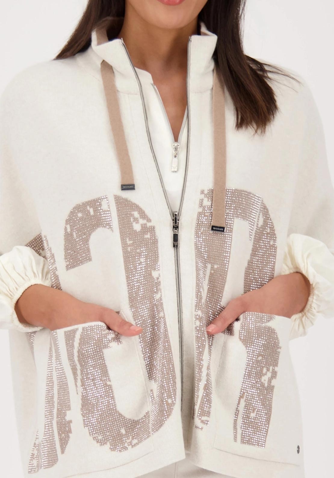 Monari Rhinestone Embellished Reversible Knit Jacket, Cream and Brown
