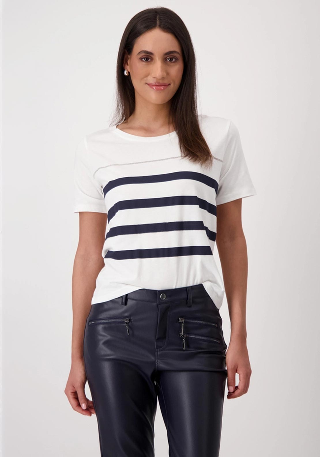 Monari Embellished Striped T Shirt, White and Navy