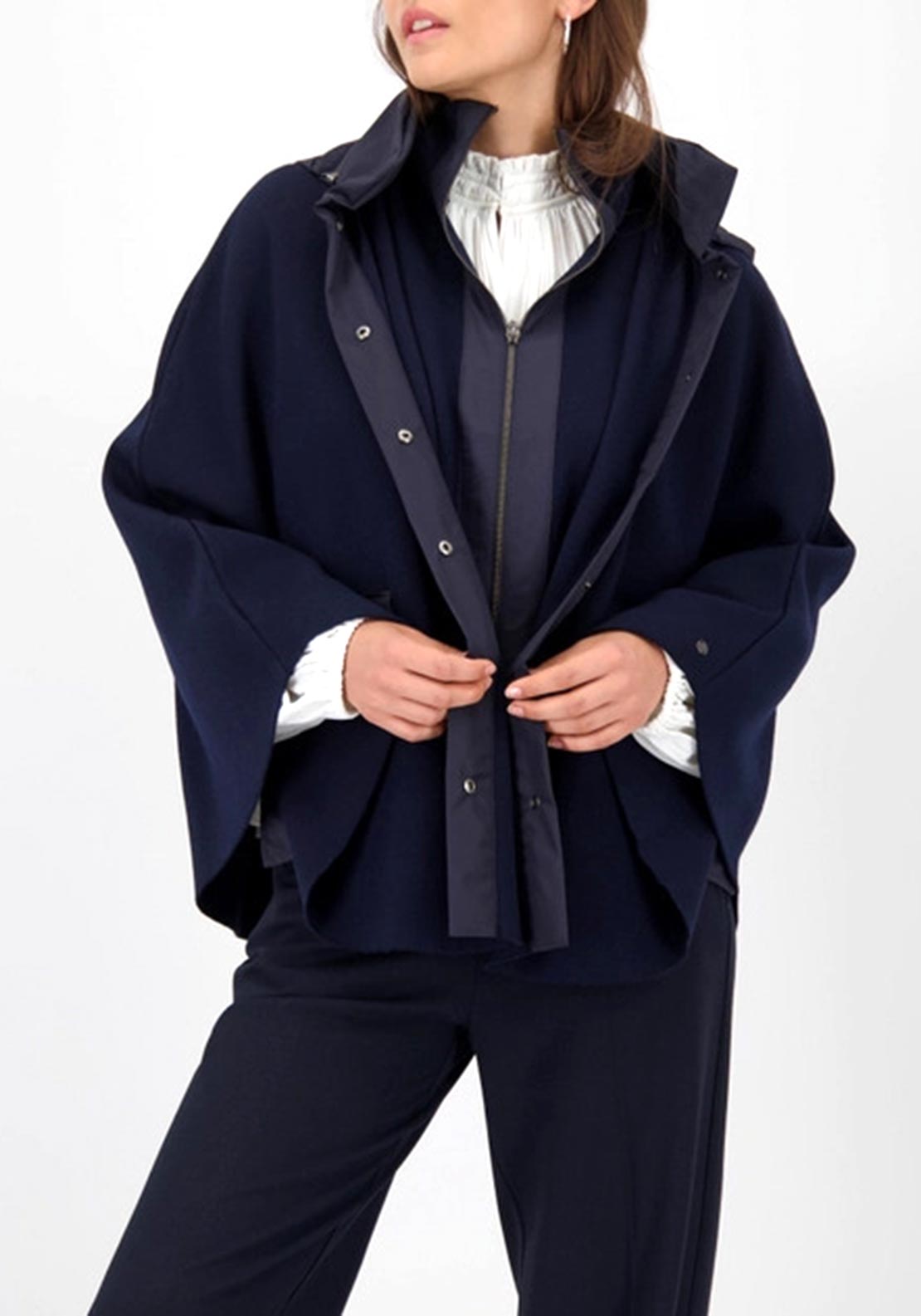 Monari Oversized Double Layered Knit Hooded Cape, Navy