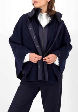 Monari Oversized Double Layered Knit Hooded Cape, Navy