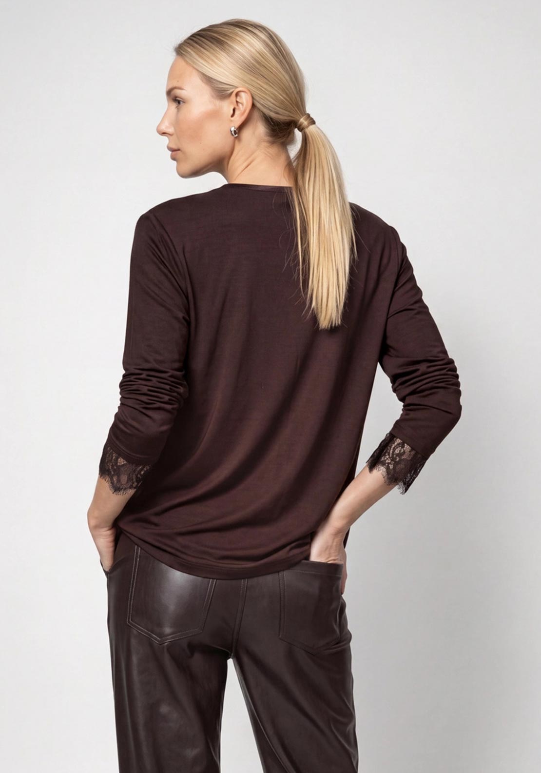 Monari Round Neckline with Lace Detail Blouse, Brown