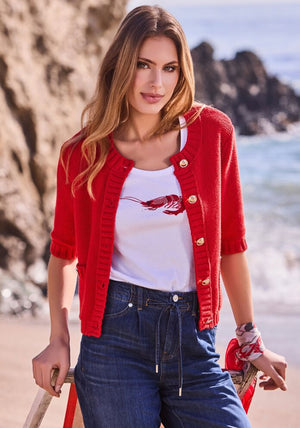 Monari Short Sleeve Knit Cardigan, Red
