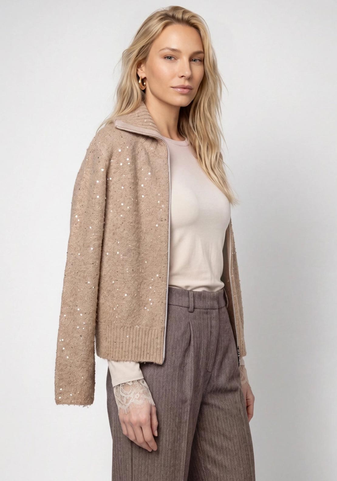 Monari Sequin Boucle Knit Jacket, Beige