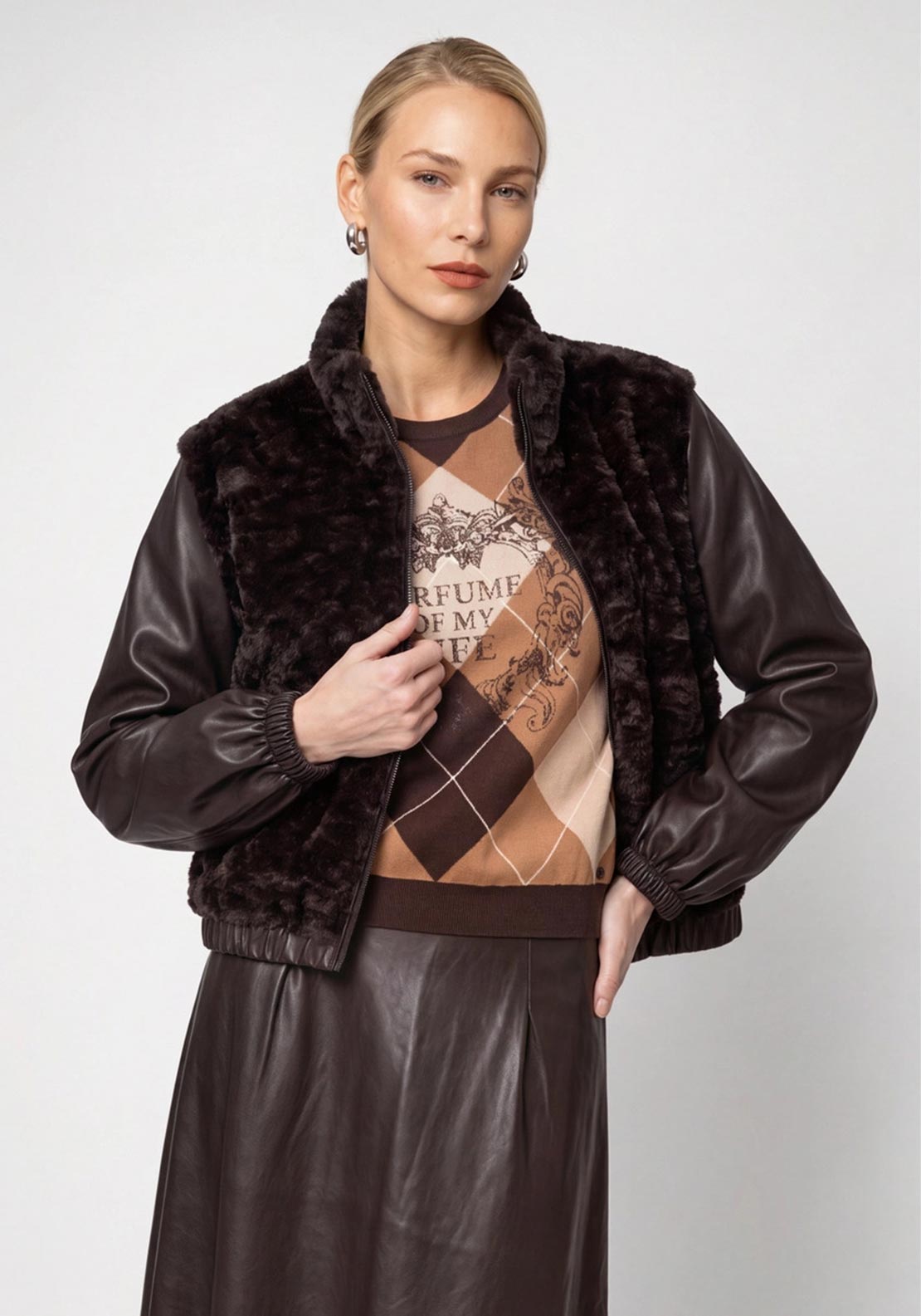 Monari Faux Fur and Faux Leather Jacket, Brown