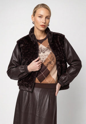 Monari Faux Fur and Faux Leather Jacket, Brown