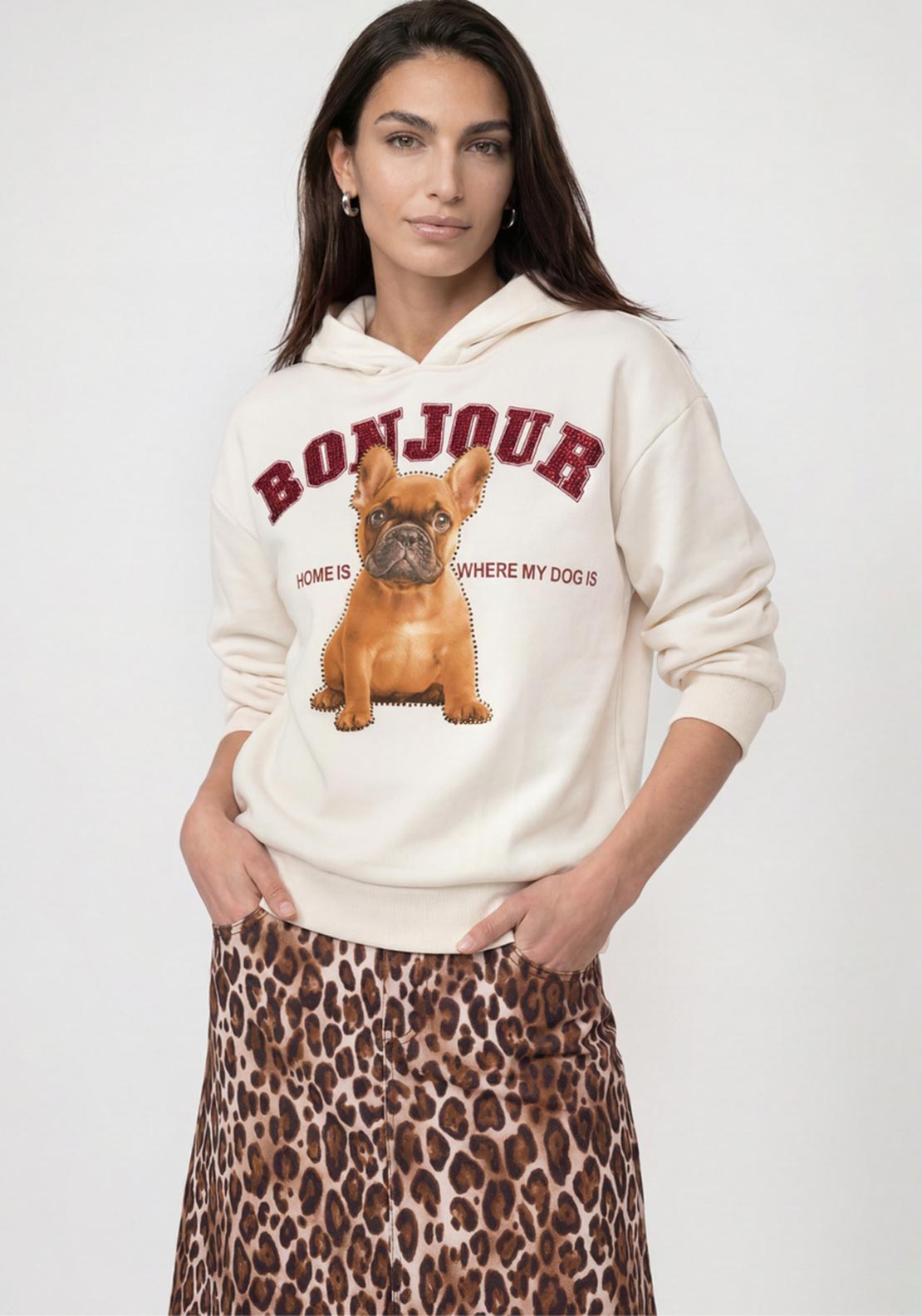 Monari Dog Graphic Print with Rhinestones Hoodie, Cream Multi