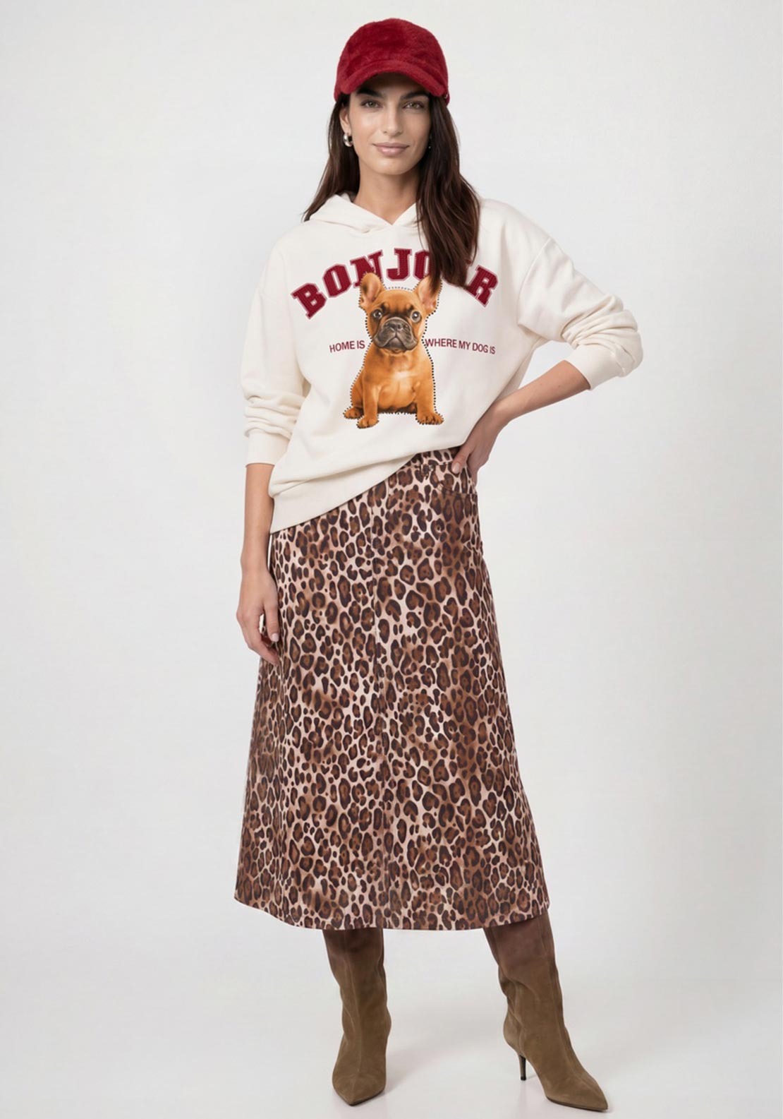 Monari Dog Graphic Print with Rhinestones Hoodie, Cream Multi