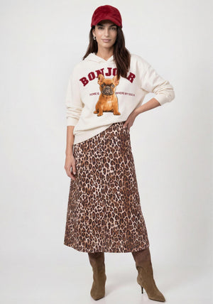 Monari Dog Graphic Print with Rhinestones Hoodie, Cream Multi