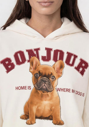 Monari Dog Graphic Print with Rhinestones Hoodie, Cream Multi