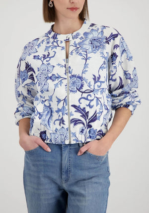 Monari Floral Linen Bomber Jacket, Blue