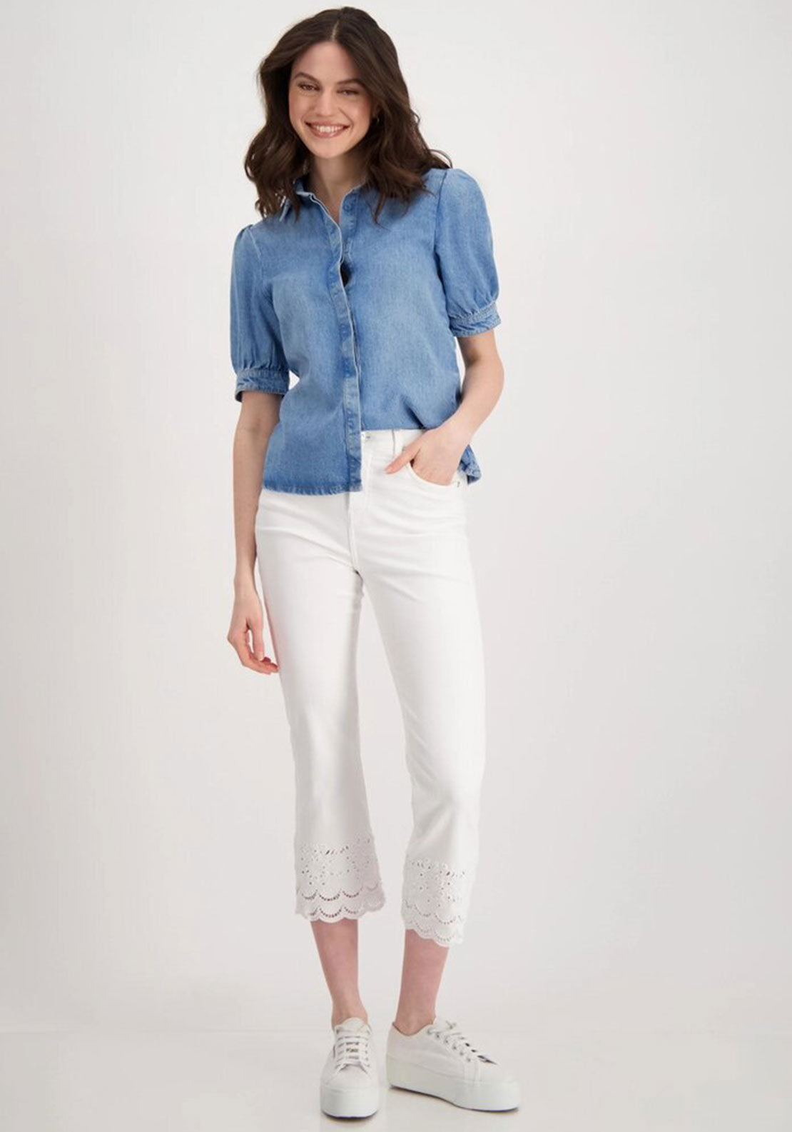 Monari 7/8 Embroidered Trim Jeans, White
