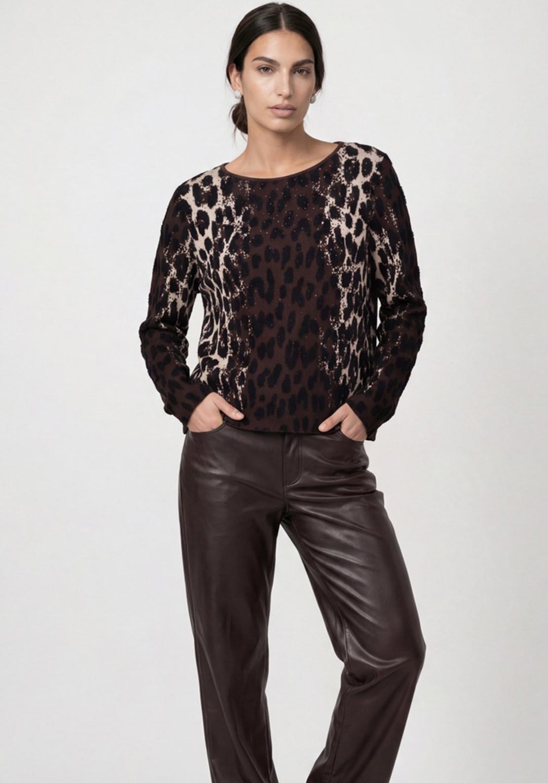 Monari Leopard Print Jacquard Knitted Jumper, Brown Multi