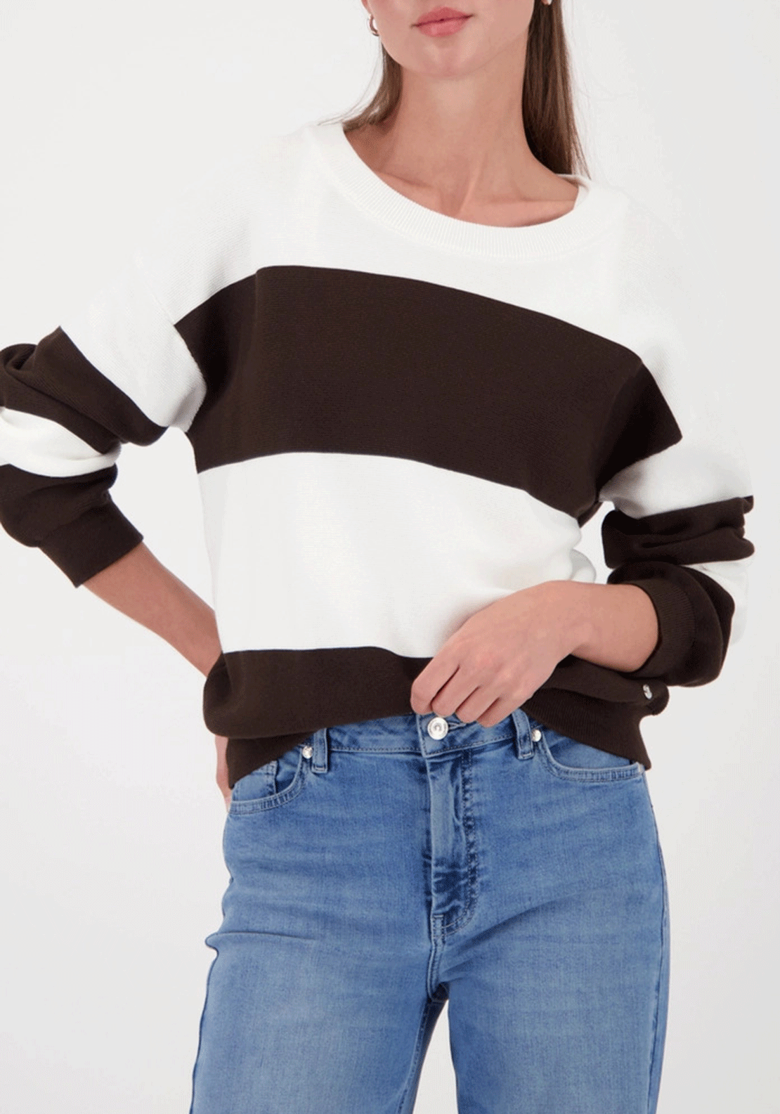 Monari Block Striped Knit Jumper, Brown & White