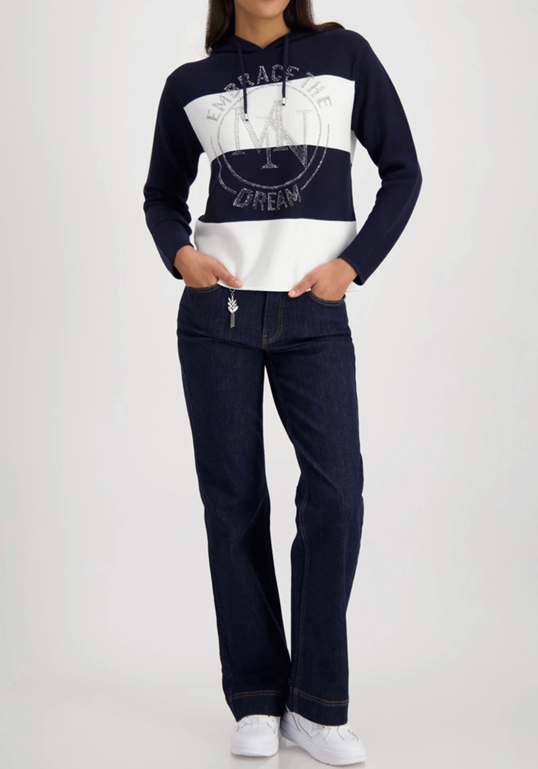 Monari Striped Rhinestone Knit Hoodie, Navy and White