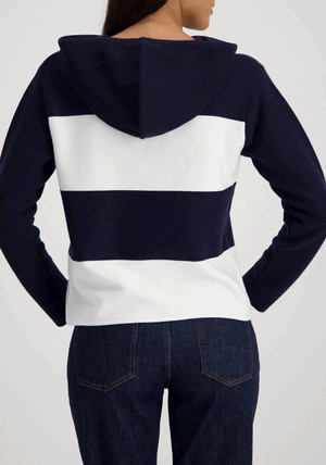Monari Striped Rhinestone Knit Hoodie, Navy and White
