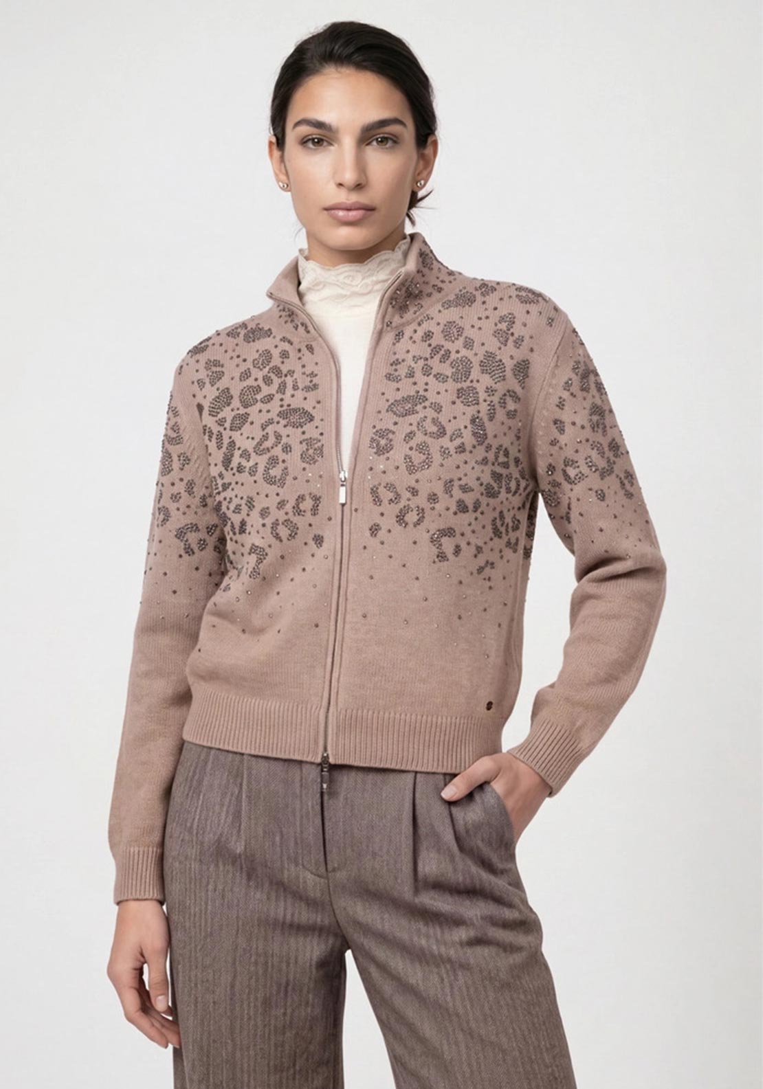 Monari Rhinestone Wool Knit Zip Cardigan, Beige