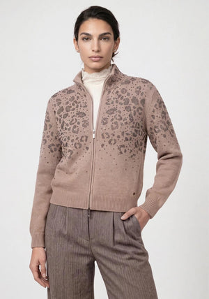 Monari Rhinestone Wool Knit Zip Cardigan, Beige