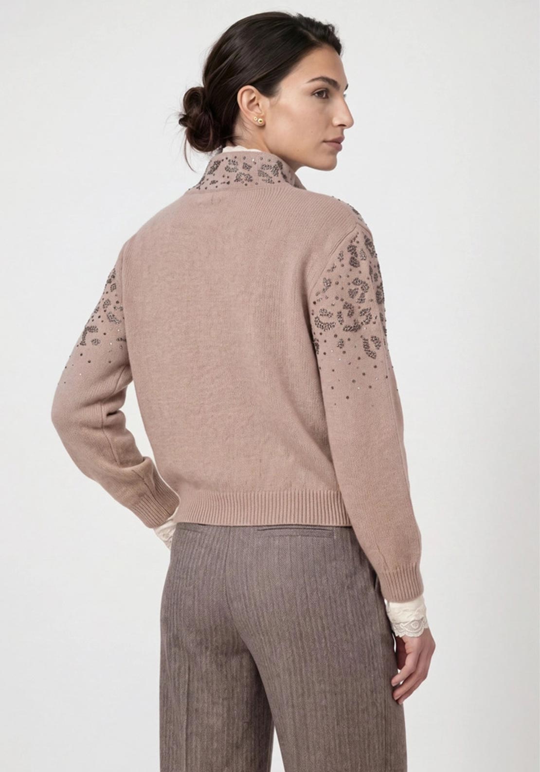 Monari Rhinestone Wool Knit Zip Cardigan, Beige
