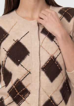 Monari Diamond Pattern with Embroidery Detail Cardigan, Light Taupe Multi