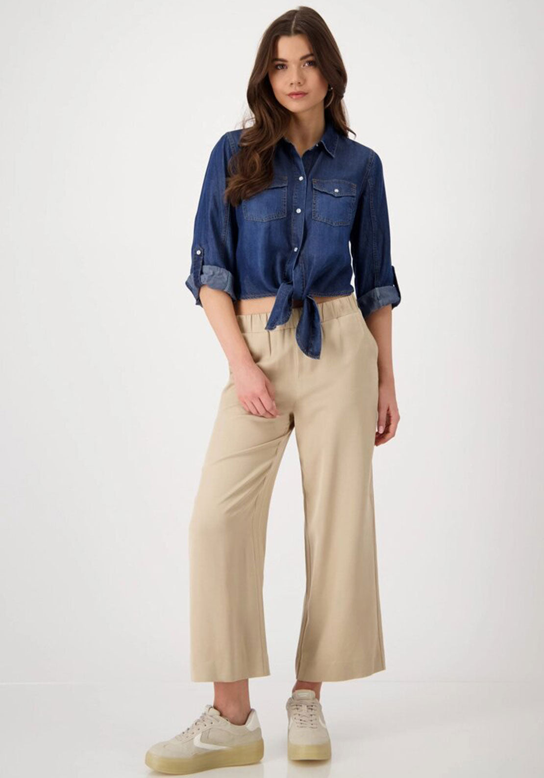 Monari Knot Detail Crop Denim Shirt, Medium Blue