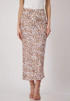 Monari Leopard Satin Midi Skirt, Beige